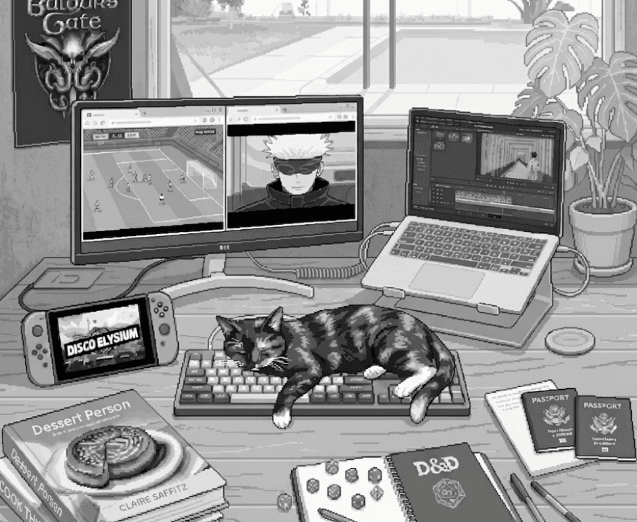 Pixel illustration of Kat's desk: Holiday the cat on the keyboard, a Nintendo Switch, Baldur's Gate poster, dual monitors, laptop, D&D notebook and dice, Dessert Person cookbook, two passports, and a monstera plant