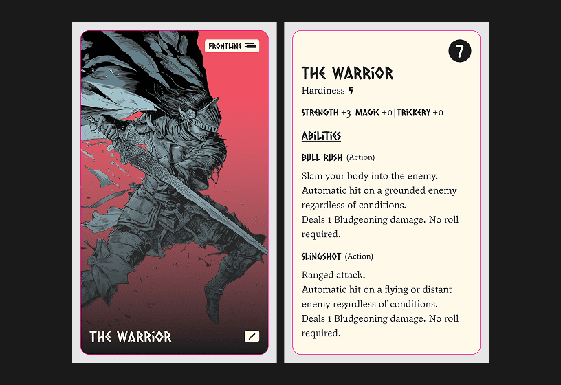 Card game design — sample cards laid out showing the game system