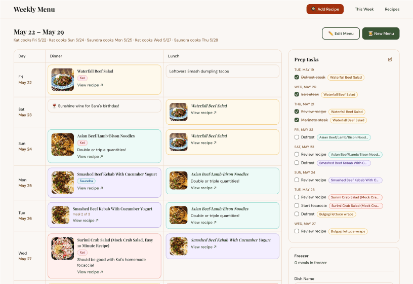 menu system site in view menu state showing the week with recipe slots filled in and modals on the side for prep tasks and freezer inventory