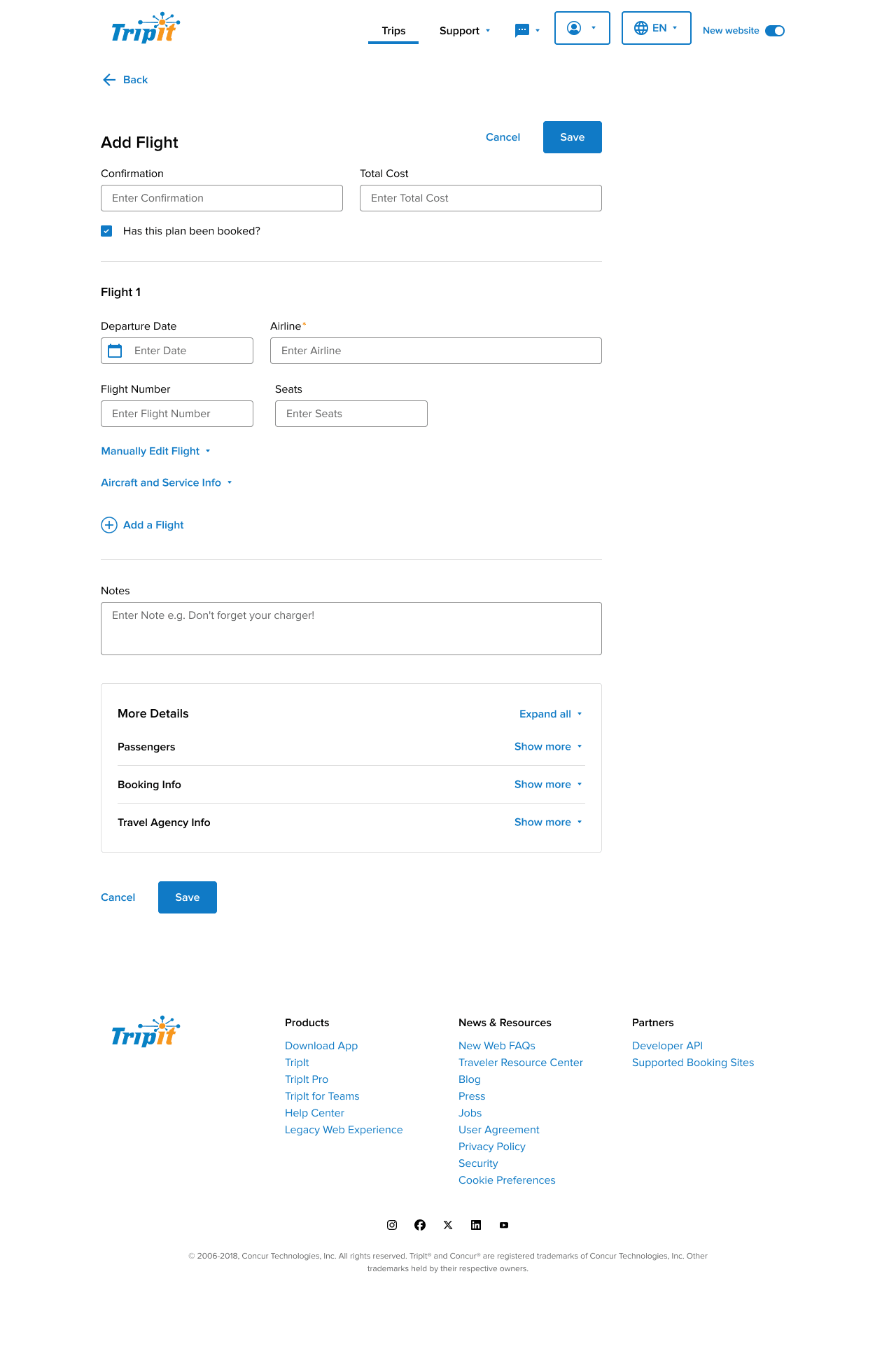 a much shorter version of the add a flight page showing it in default state which collapses all of the secondary data fields keeping the page nice and short while still keeping those fields readily available if needed