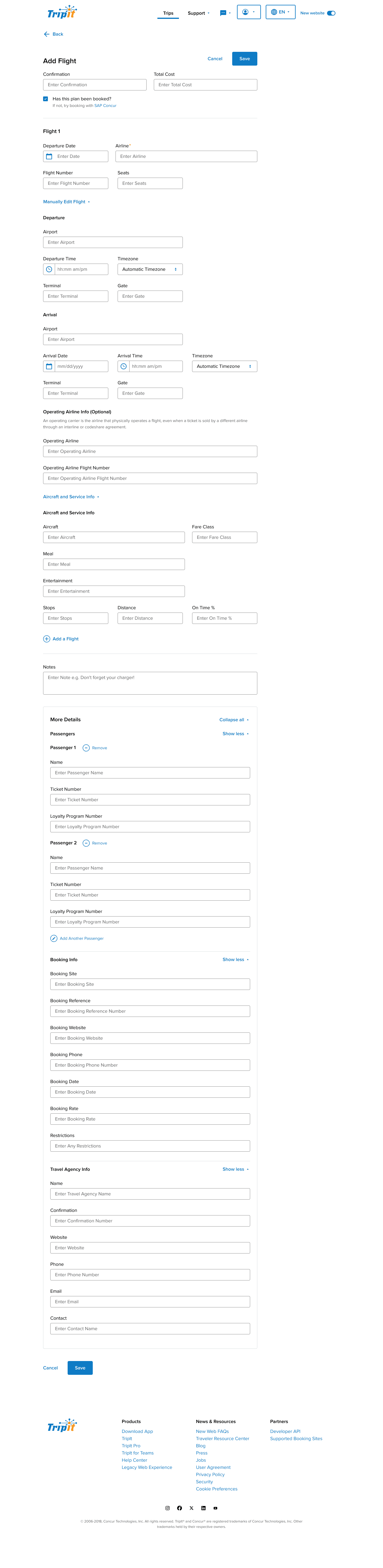 a very long scrolling expanded version of the add a flight page exposing all of the fields available for this plan type which is resulting in an extremely long page