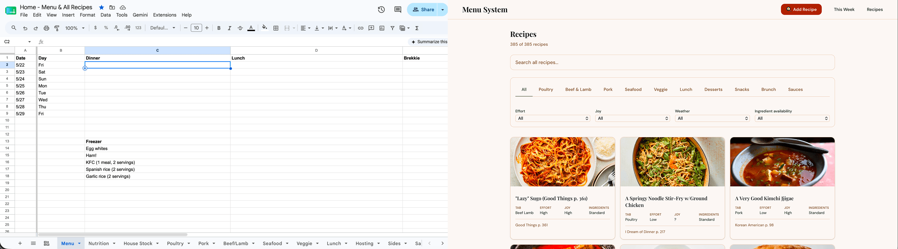 side by side composition with the excel sheet version of the old menu system on the left and the new version on the right showcasing the recipes tab with a grid of recipes and their appetizing food imagery