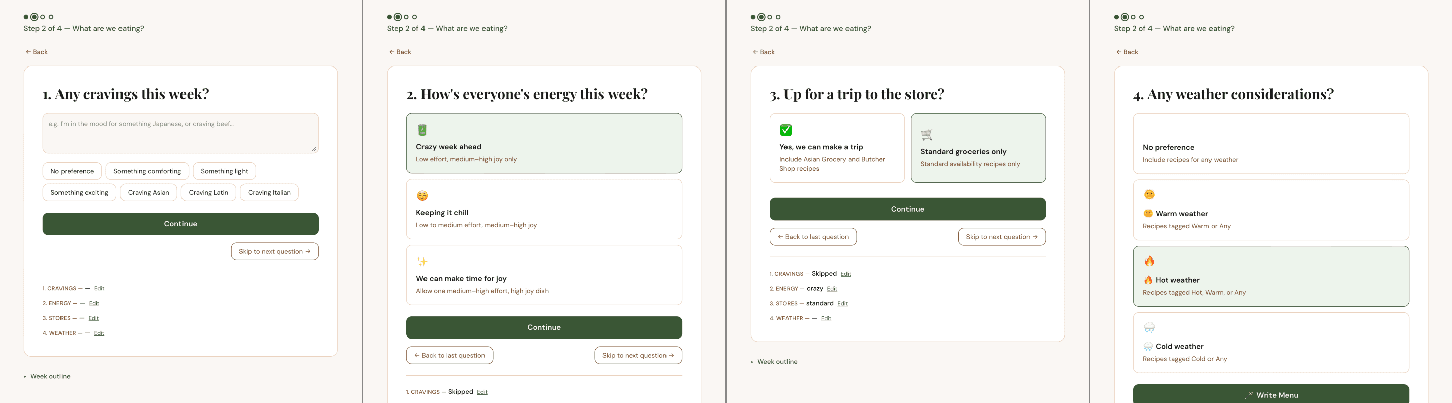 a composition of screenshots showing each step of the cravings wizard asking a series of questions that the menu system uses to generate menu suggestions
