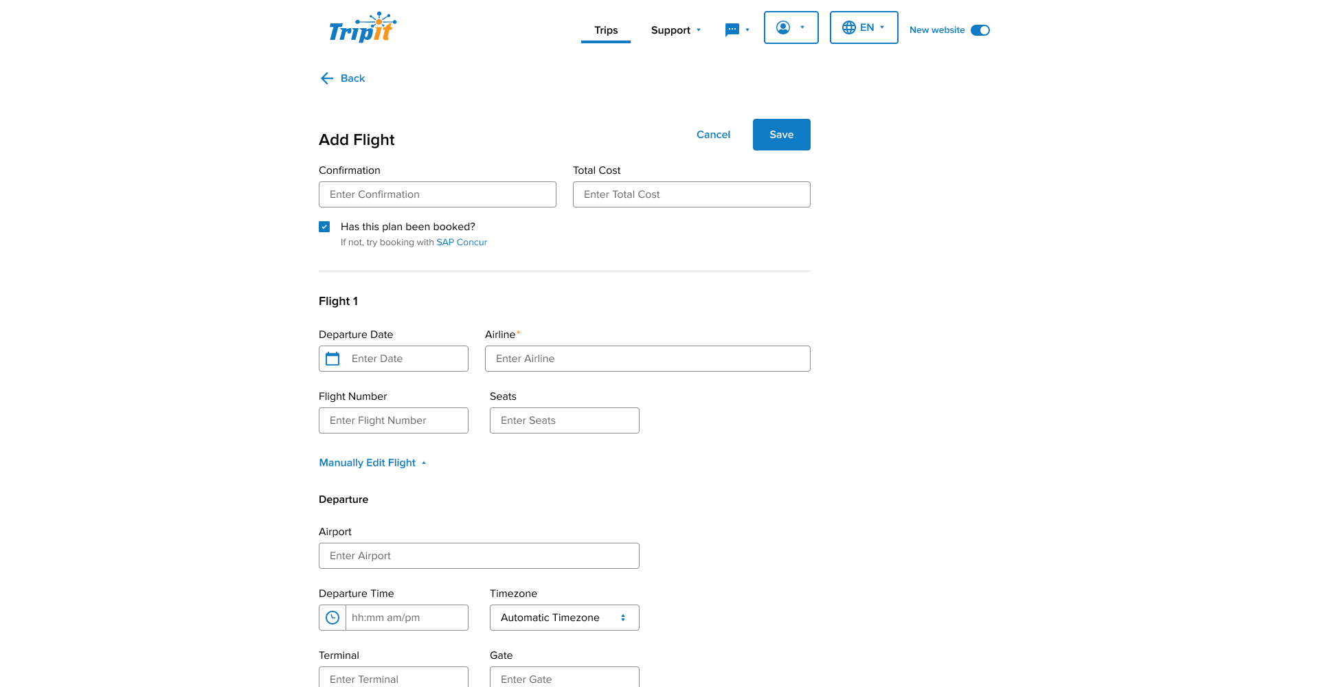 a cropped screenshot of the add a flight page with the relevant data forms