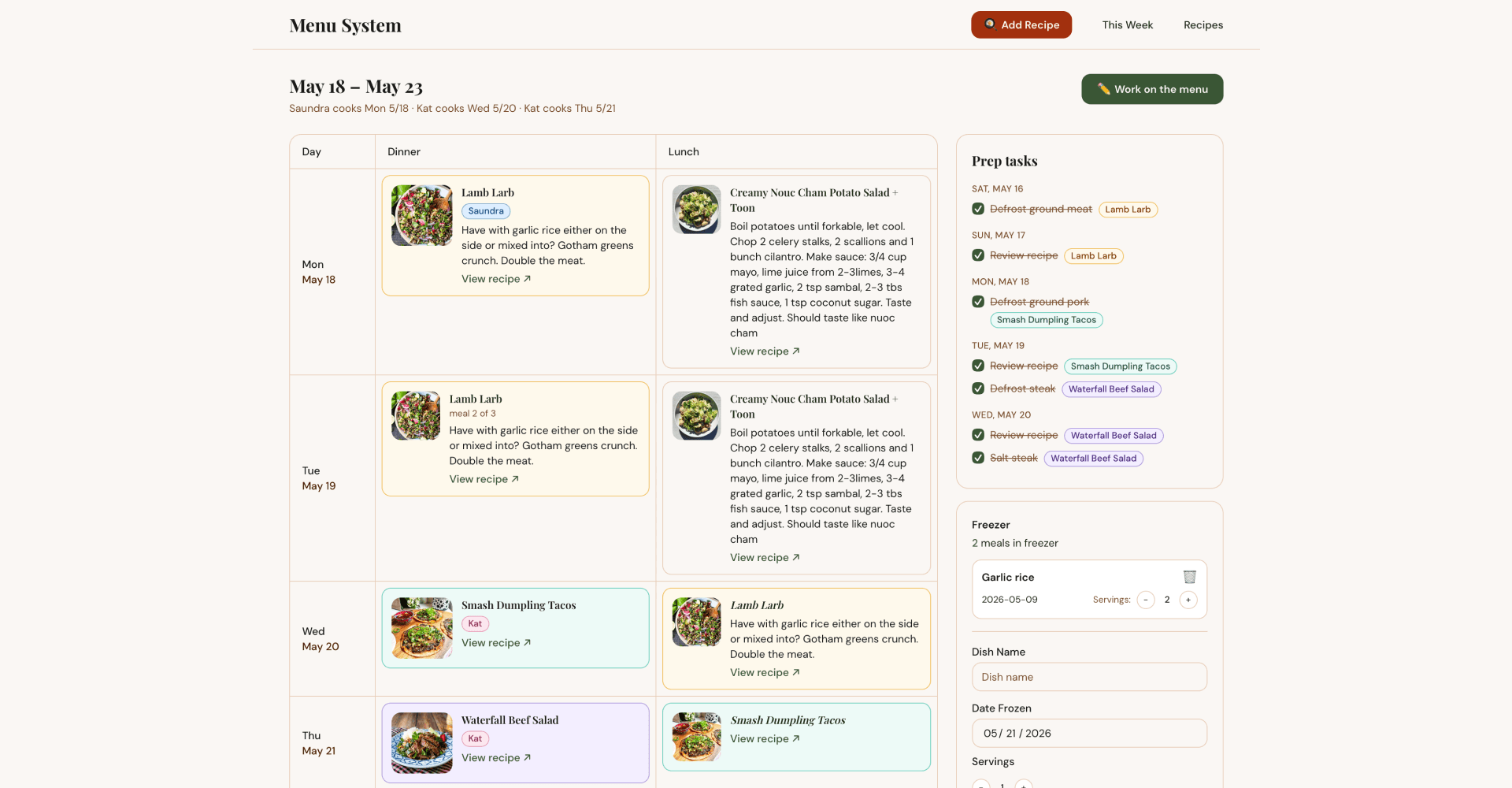 menu system site in view menu state showing the week with recipe slots filled in and modals on the side for prep tasks and freezer inventory