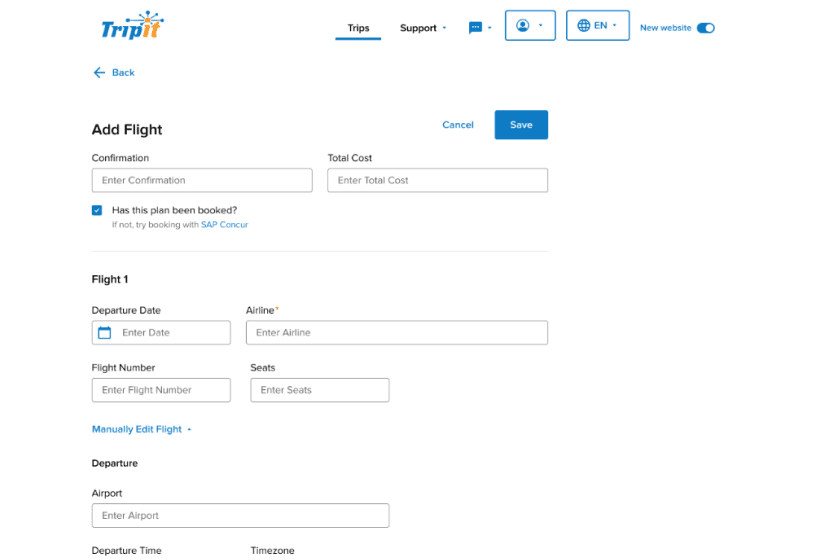 trip's add a flight page with the relevant data forms