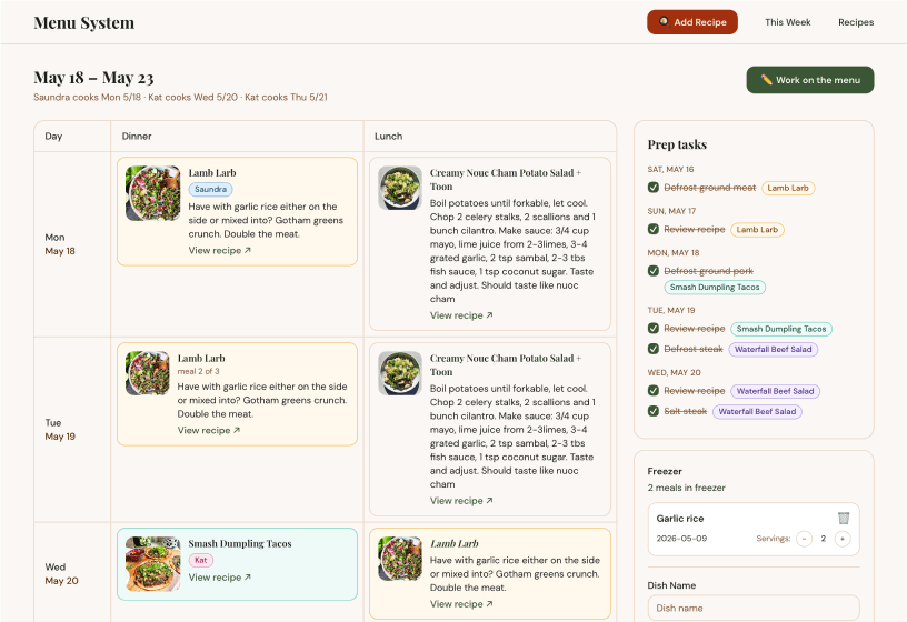 menu system site in view menu state showing the week with recipe slots filled in and modals on the side for prep tasks and freezer inventory