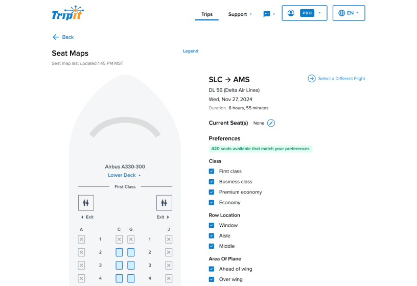 the seat maps feature in default state showing the live seat map and filters to the side
