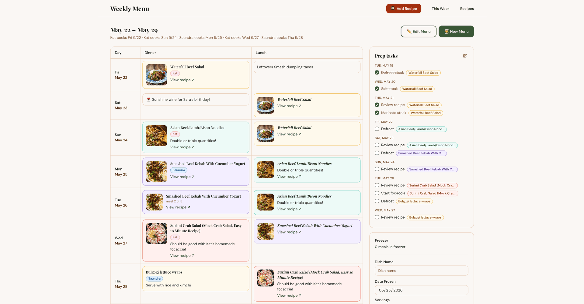 menu system site in view menu state showing the week with recipe slots filled in and modals on the side for prep tasks and freezer inventory