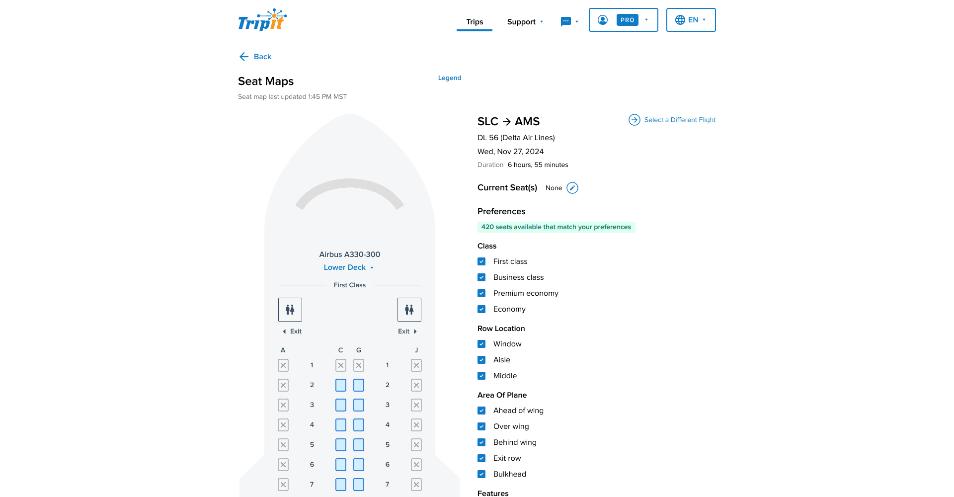 the seat maps feature in default state showing the live seat map and filters to the side